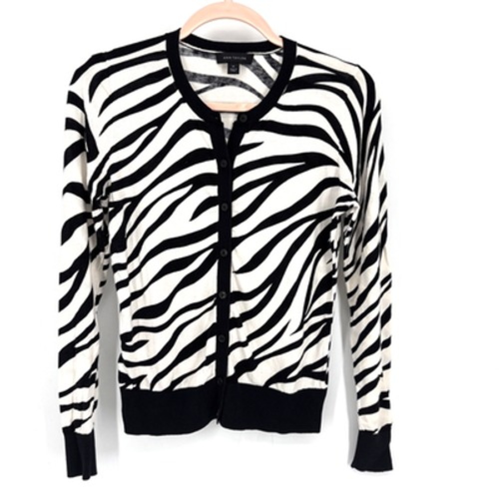 Ann Taylor Cardigan Women XS Black White Zebra Print Cotton Button Front